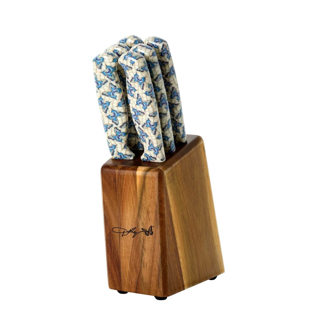 Dolly Parton 7-Pc Steak Knife Set Blue Butterfly Handles w/ Acacia Storage Block